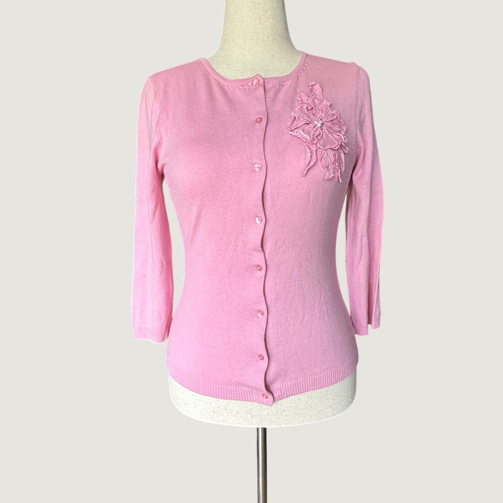 Soulmates Pink Silk Cotton Blend Floral Applique Cardigan Sweater L Y2k Preppy